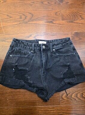 Forever 21 Black Distressed High-Waist Denim Shorts
